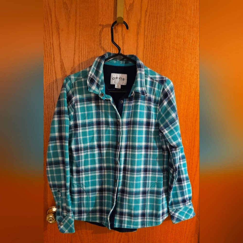 Orvis Size medium Plaid Fleece Lined Flannel Shirt Jacket Green Blue Snap Button